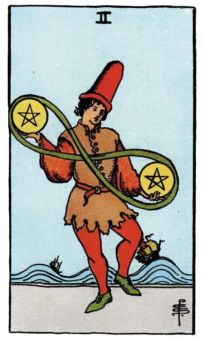 Two of Pentacles tarot card from a Rider-Waite-Smith-style deck